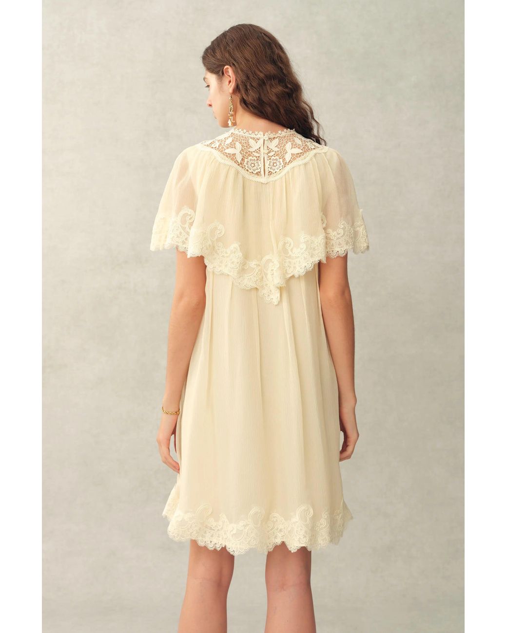 Fabrique Brown Sophia Lace Embroidery Capelet Short Sleeve Dress