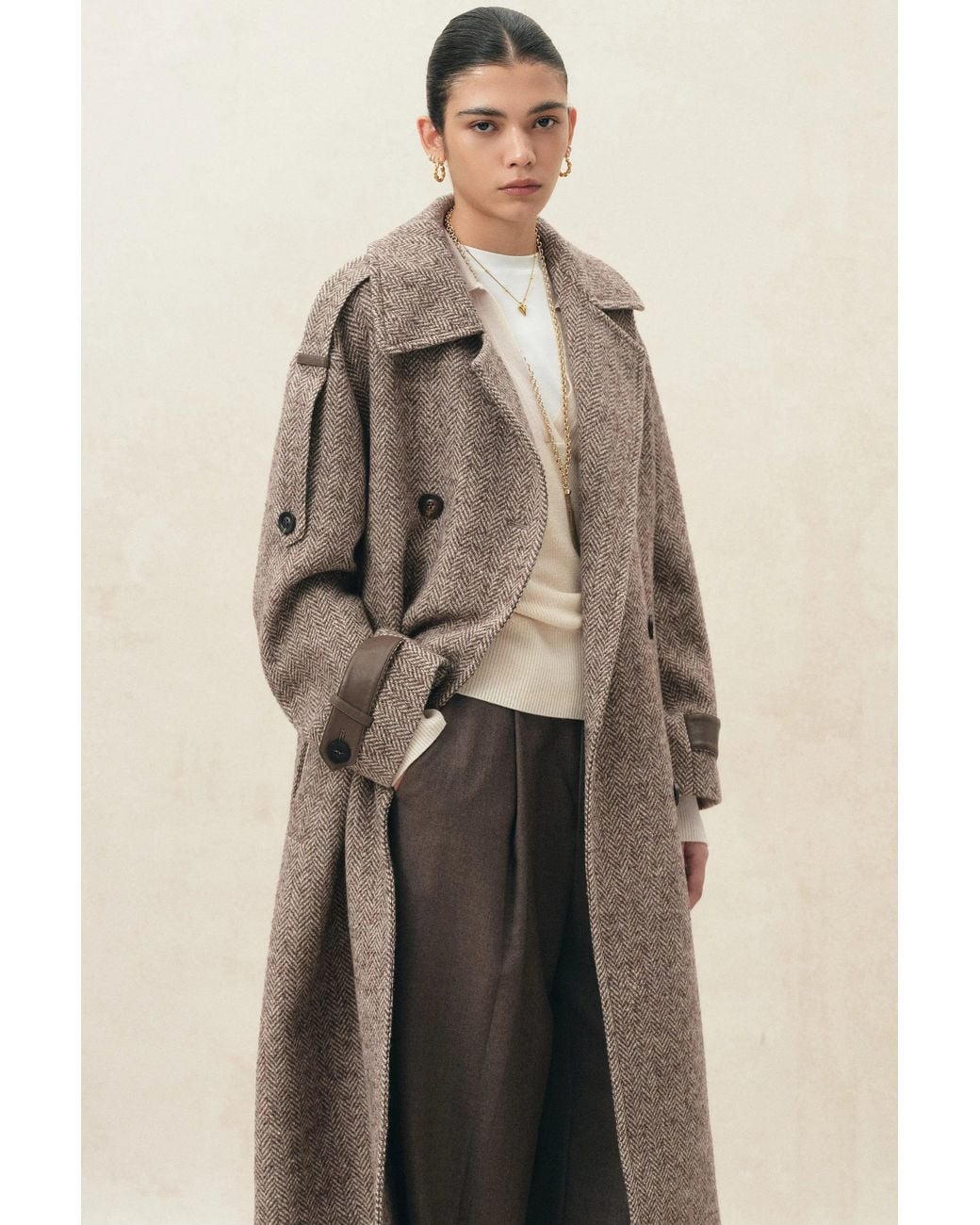 Fabrique Natural Esme Oversized Herringbone Long Coat