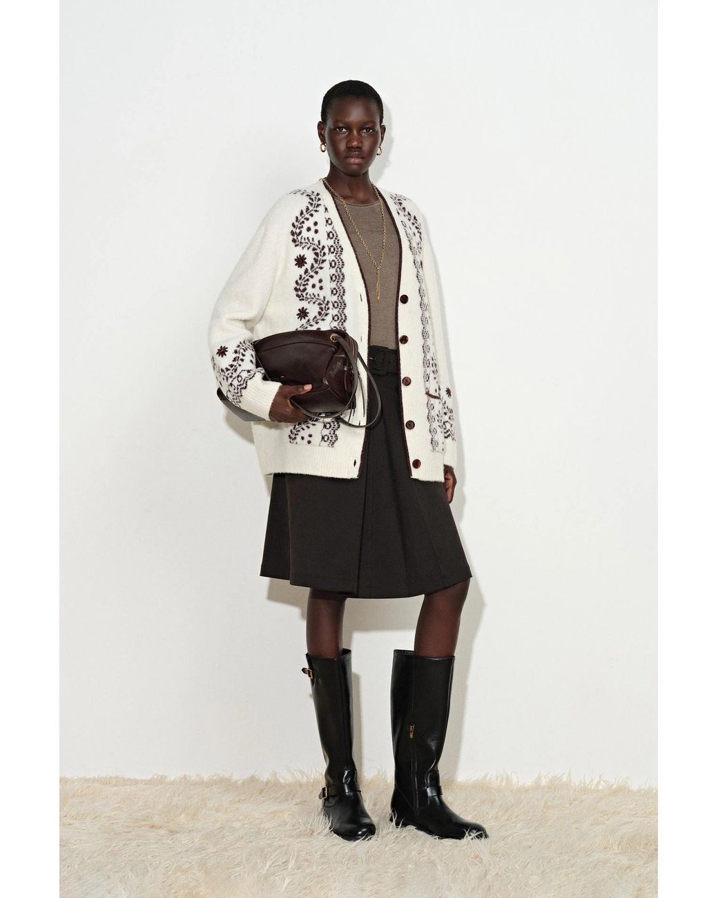 Fabrique White Alder Hand Embroidery Vine Jacquard Cardigan