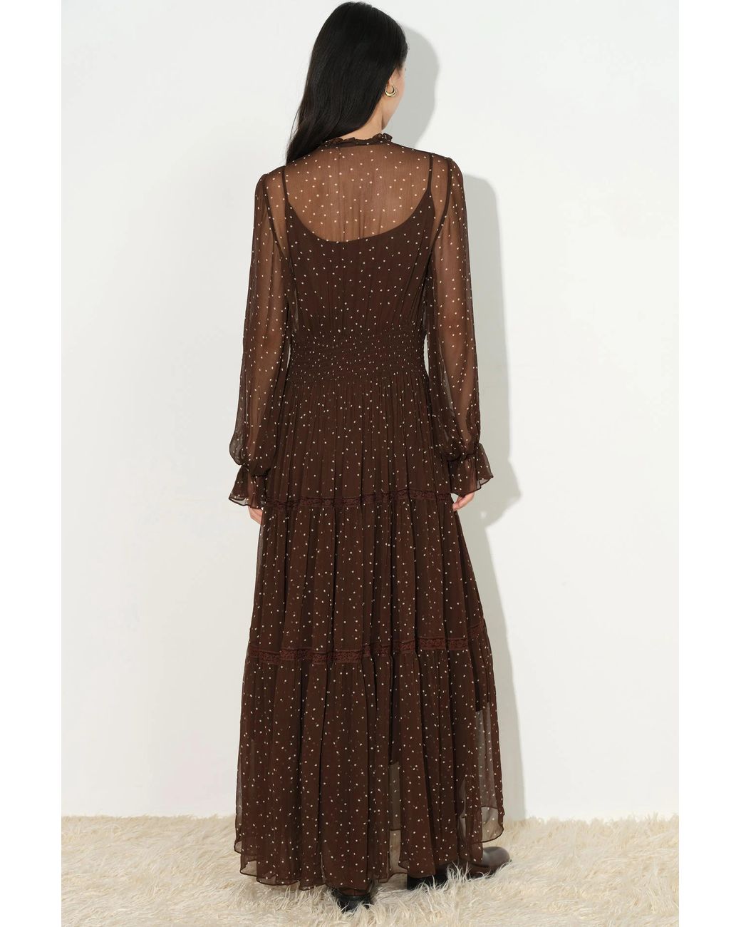 Fabrique Brown Anselm Polka Dot Ruffle Trim Dress With Inner Slip Dress