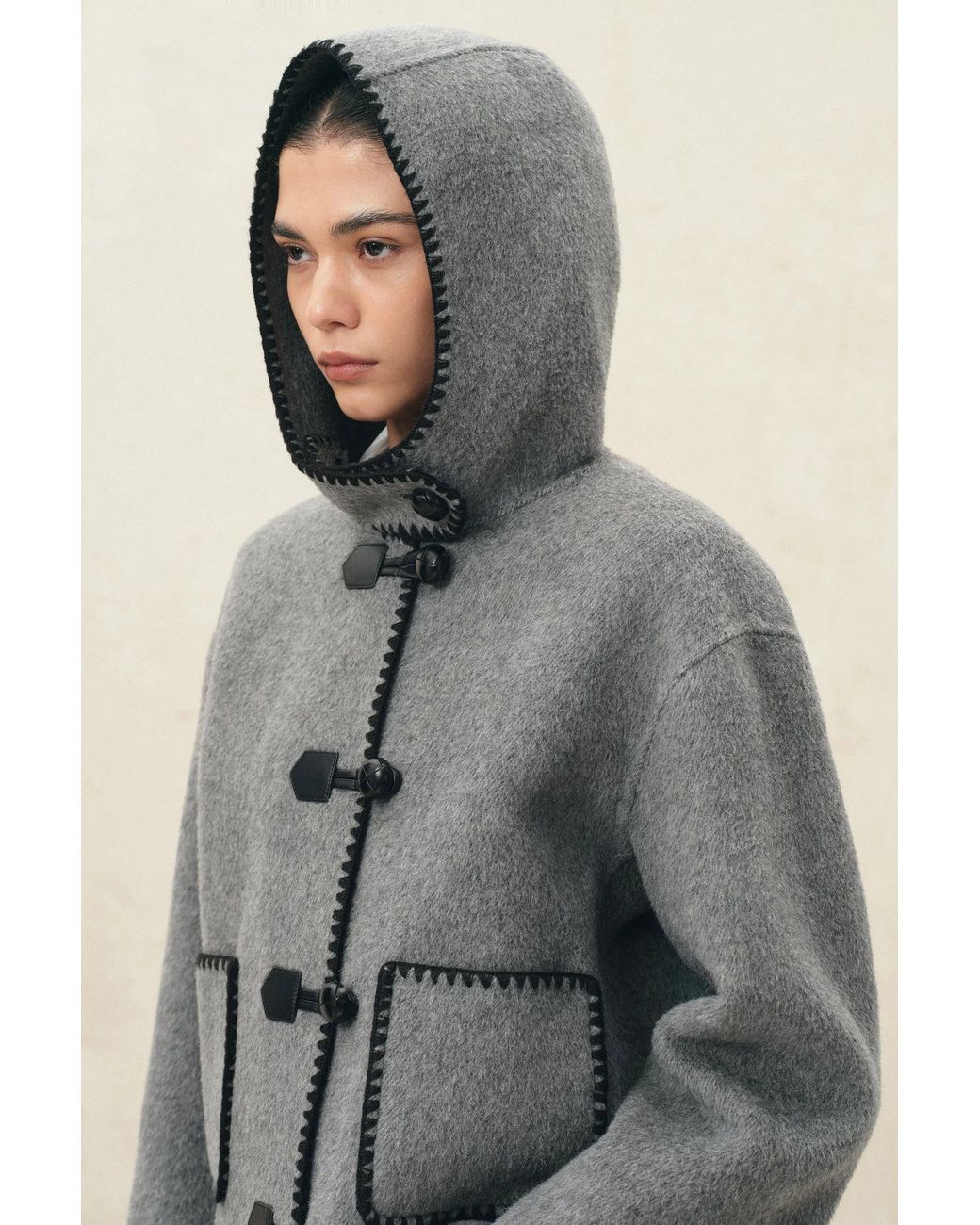 Fabrique Gray Carina Embroidered Hooded Cropped Coat
