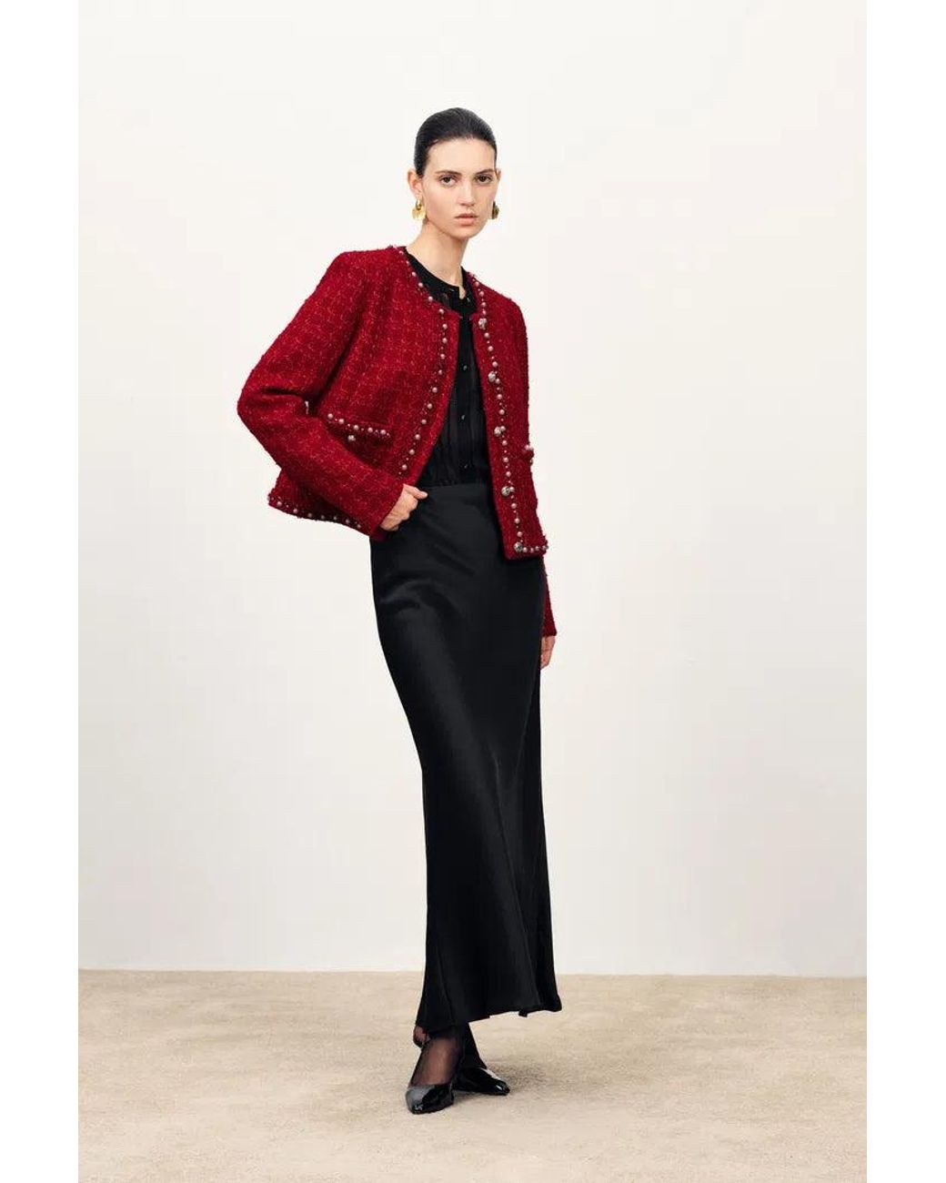 Fabrique Red Seraphina Pearl Beaded Trims Boxy Jacket