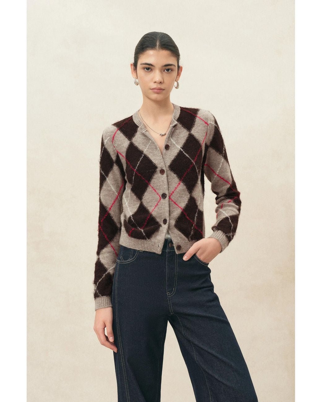 Fabrique Natural Tye Embroidered Contrast Argyle Cardigan