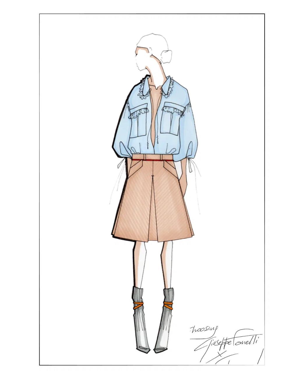 Fabrique Blue Judy Ruffle Trim Puff Sleeve Shirt