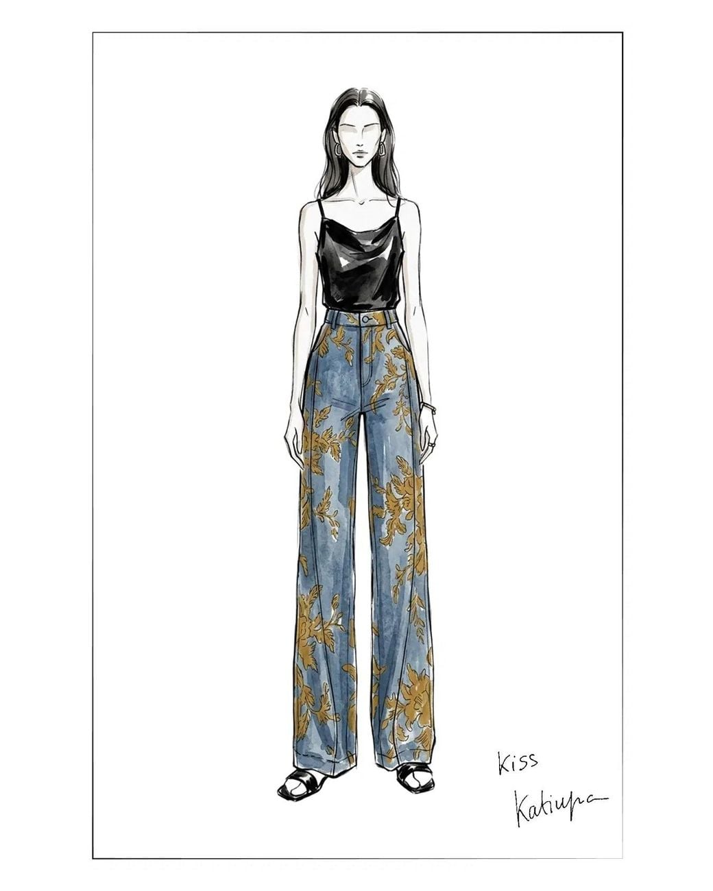 Fabrique Blue Natalie Contrast Flocked Jacquard Barrel Leg Jeans