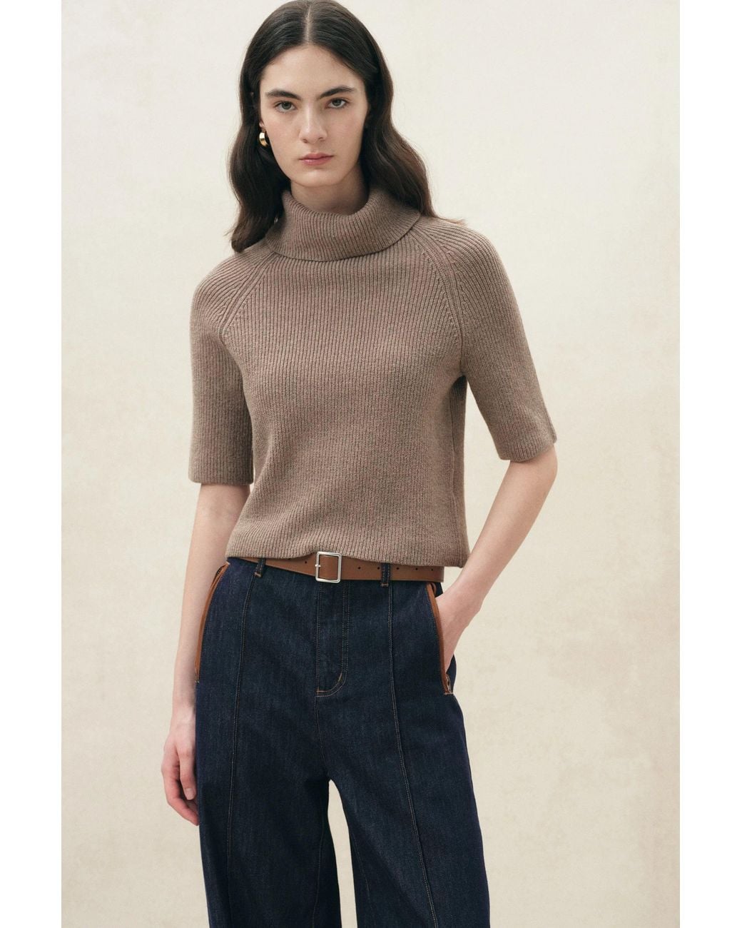 Fabrique Blue Evelyn Short Sleeve Turtleneck Sweater