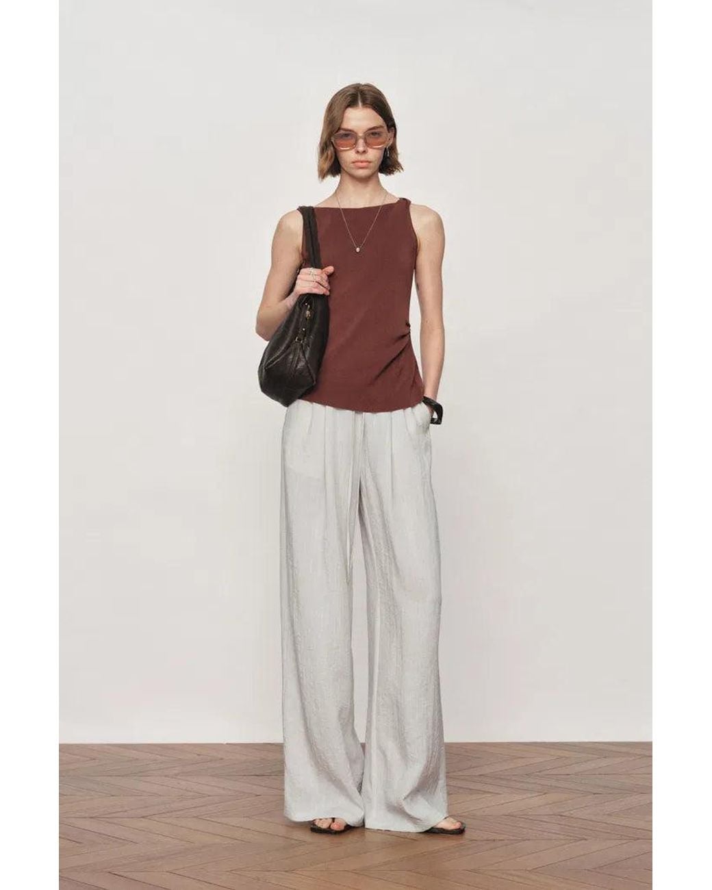 Fabrique Gray Eva Ivory Ruched Drawstring Wide Leg Casual Pants