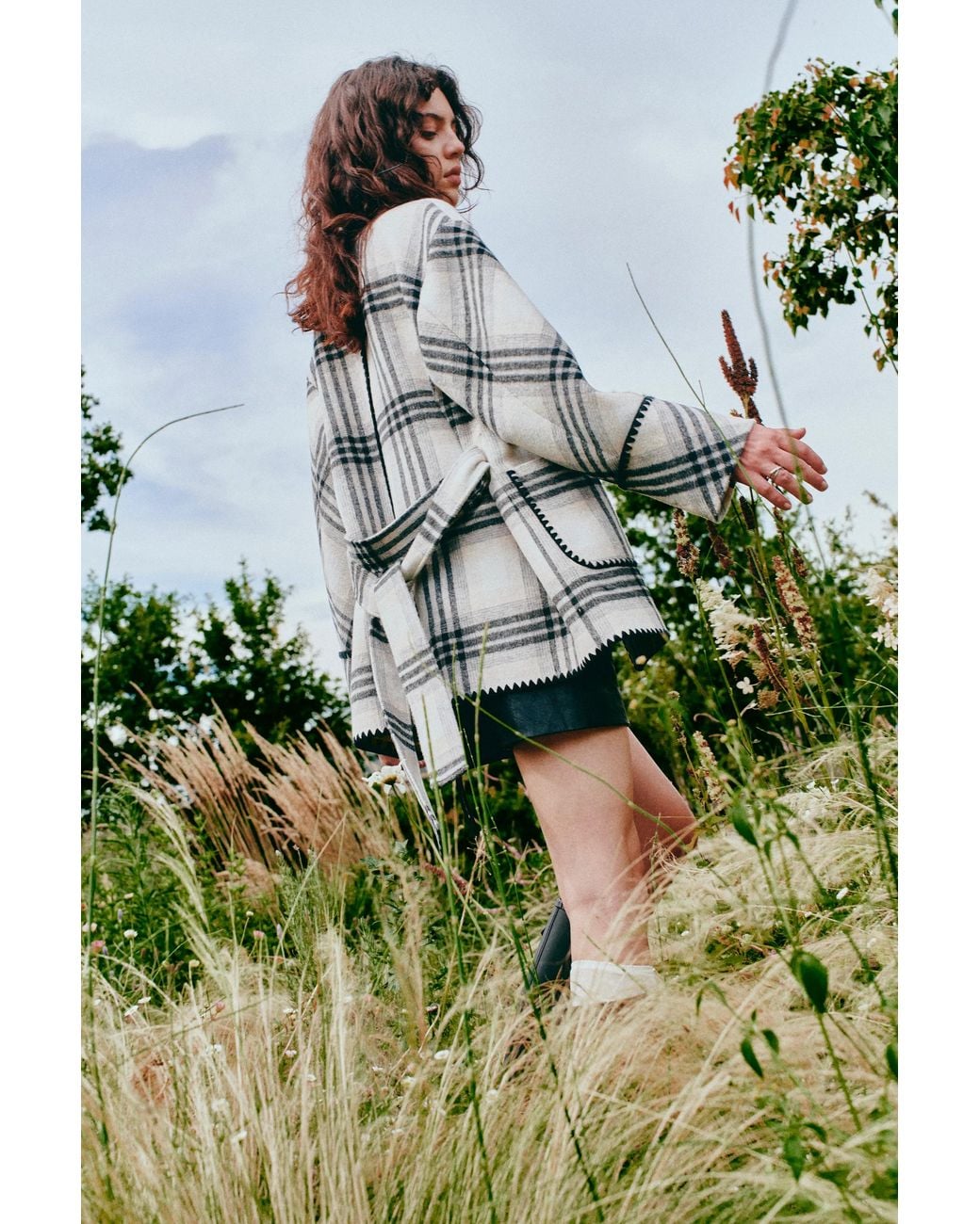 Fabrique Green Abigail Embroidery Plaid Belted Coat