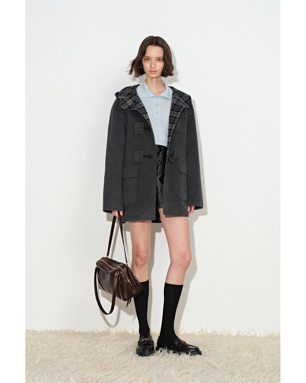 Fabrique Black Aeliana Plaid Hooded Midi Coat