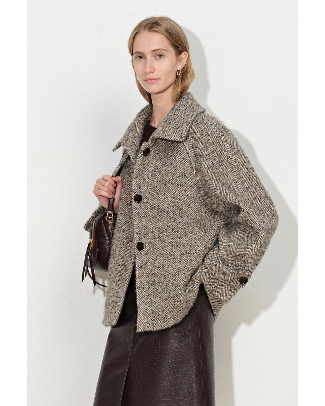 Fabrique Natural Eleanor Flecked Herringbone Cropped Coat