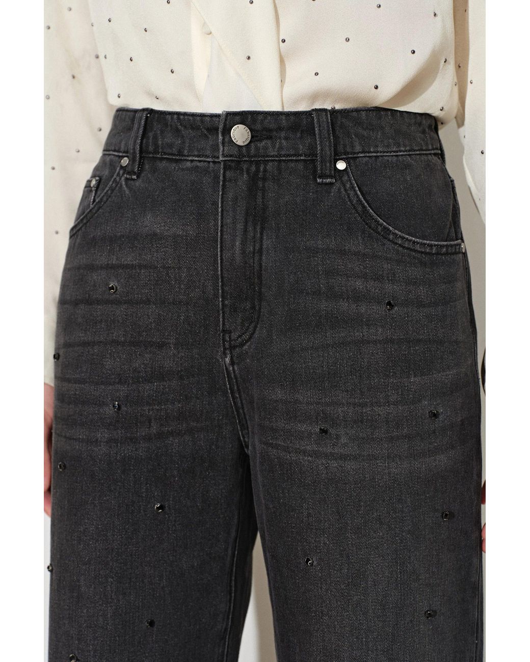 Fabrique Black Nia Hand Studded Fringed Straight Leg Jeans