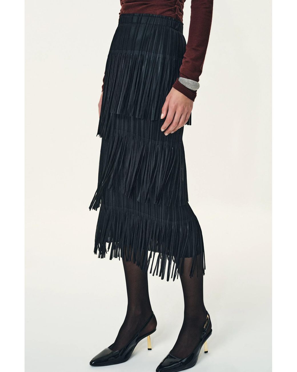 Fabrique Blue Hilda Ruched Asymmetric Fringe Skirt