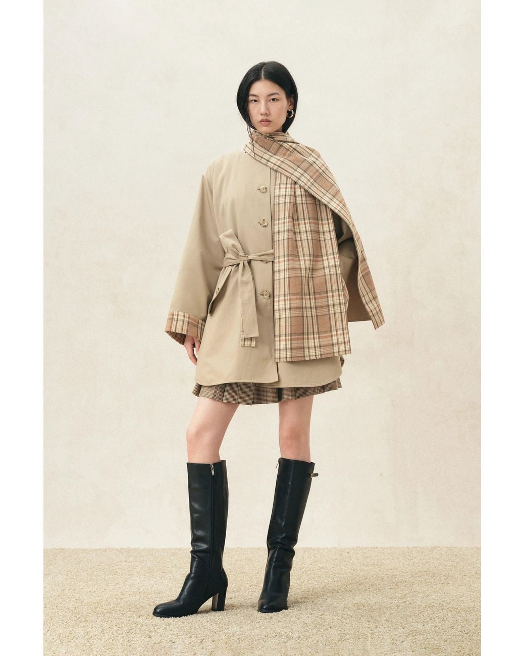 Fabrique Multicolor Tamsin Reversible Plaid Trench Coat With Scarf