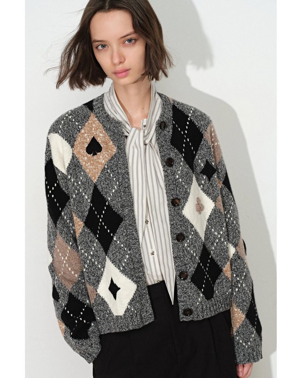 Fabrique Black Marta Hand Embroidery Contrast Argyle Cardigan