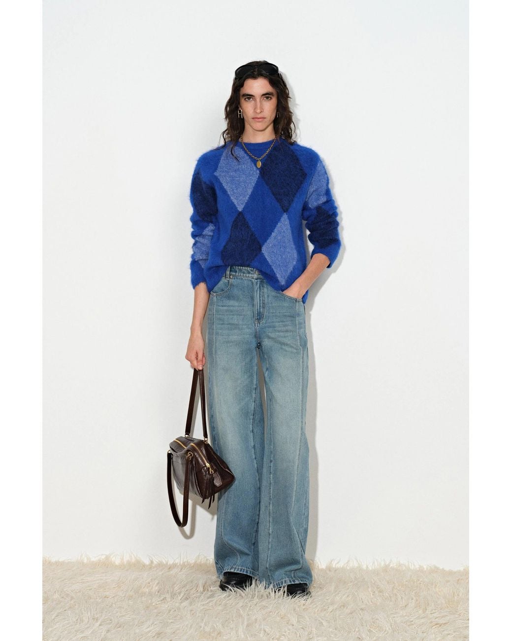 Fabrique Blue Heacham Argyle Jacquard Cropped Crewneck Sweater