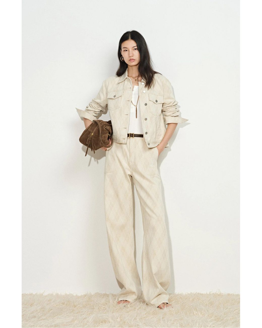 Fabrique Brown Elowen Cropped Argyle Jacquard Jacket