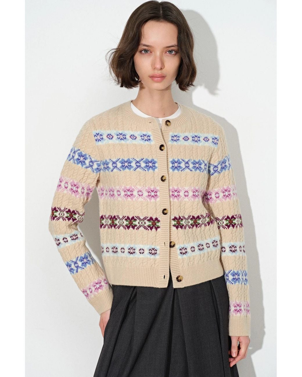 Fabrique Natural Aria Quatrefoil Jacquard Fair Isle Cardigan