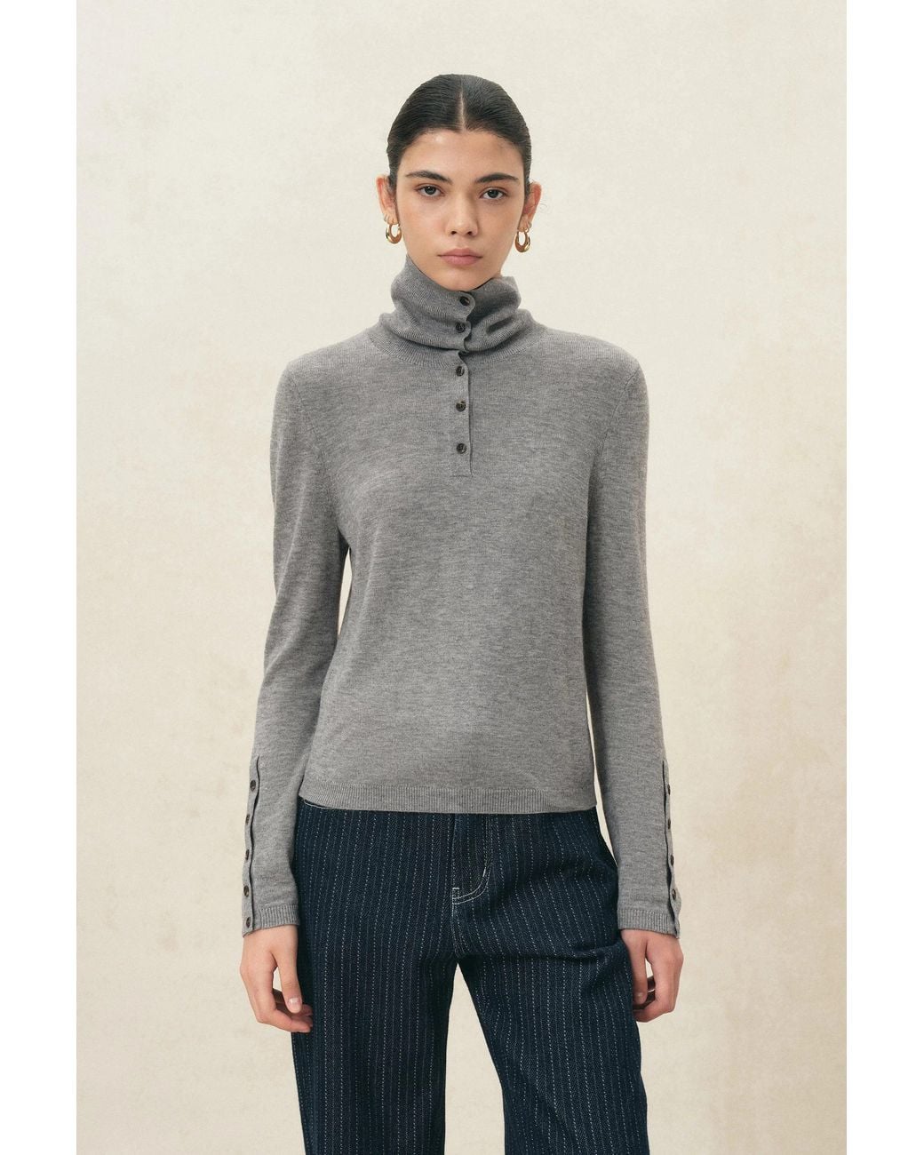 Fabrique Gray Kira Half Button Turtleneck Top