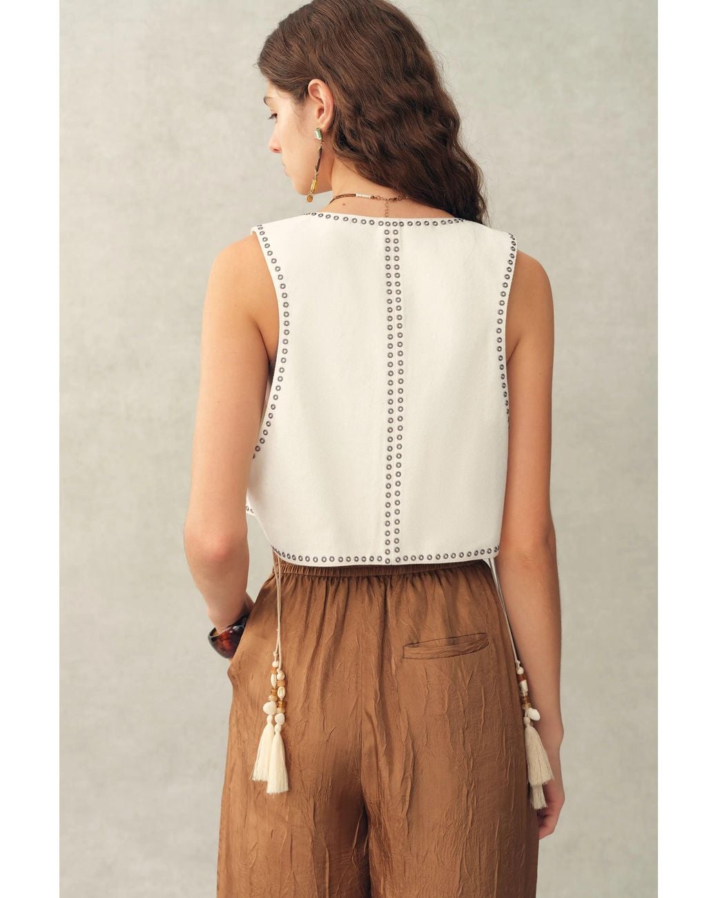 Fabrique Brown Charlie Boho Mother Of Pearl Studded Side Tassel Tie Vest Top And Shorts Set