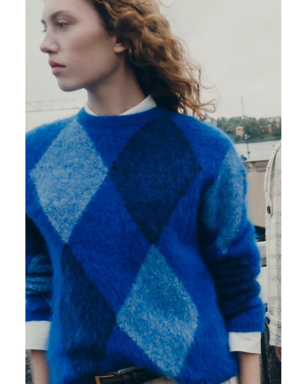 Fabrique Blue Heacham Argyle Jacquard Cropped Crewneck Sweater