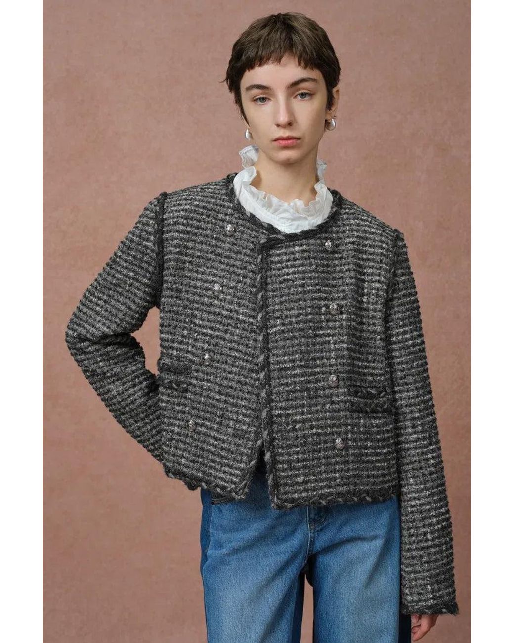 Fabrique Blue Sloane Double Breasted Metallic Trim Tweed Jacket