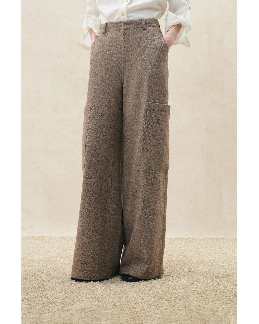 Fabrique Natural Beatrice Flecked Wide Leg Tailored Trousers With Patch Pockets