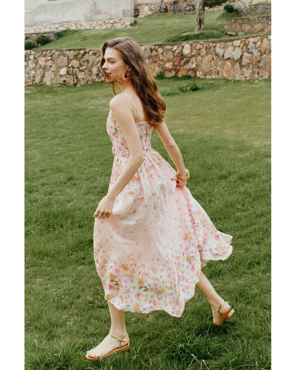 Fabrique Green Lilac Handpainted Floral Smocked Belted Strap Dress