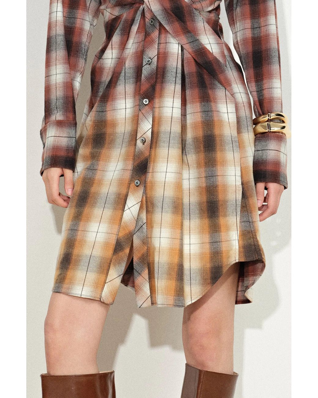 Fabrique Natural Marcella Plaid Ombré Twist Front Shirt Dress