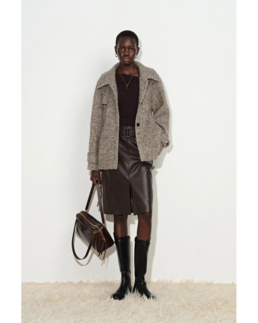 Fabrique Natural Eleanor Flecked Herringbone Cropped Coat