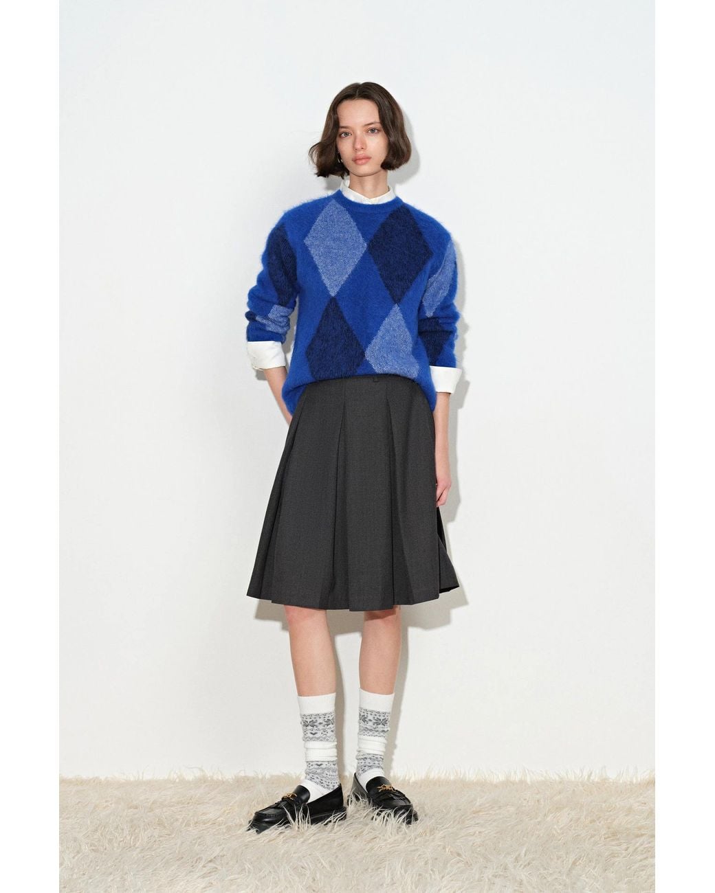 Fabrique Blue Heacham Argyle Jacquard Cropped Crewneck Sweater