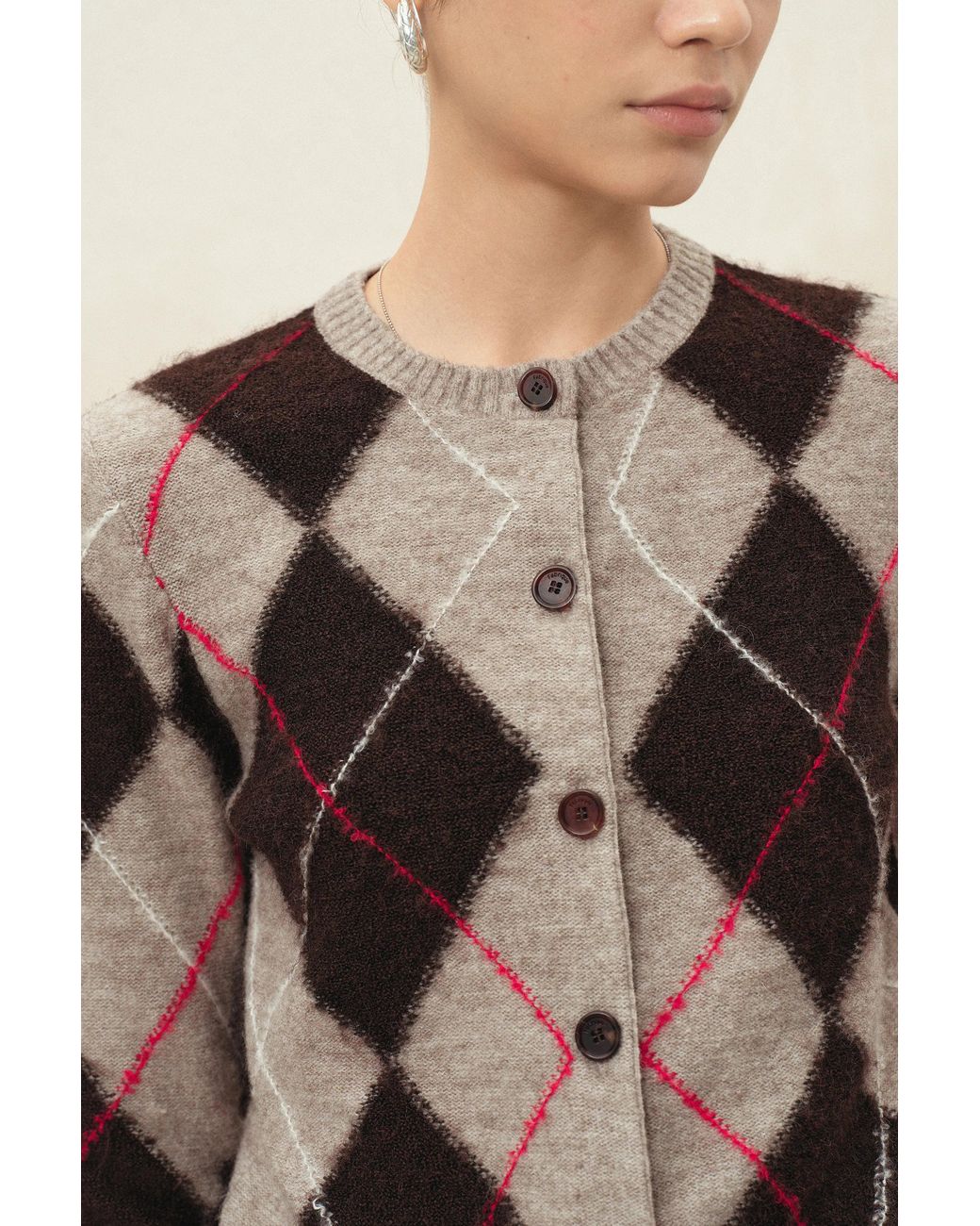 Fabrique Natural Tye Embroidered Contrast Argyle Cardigan