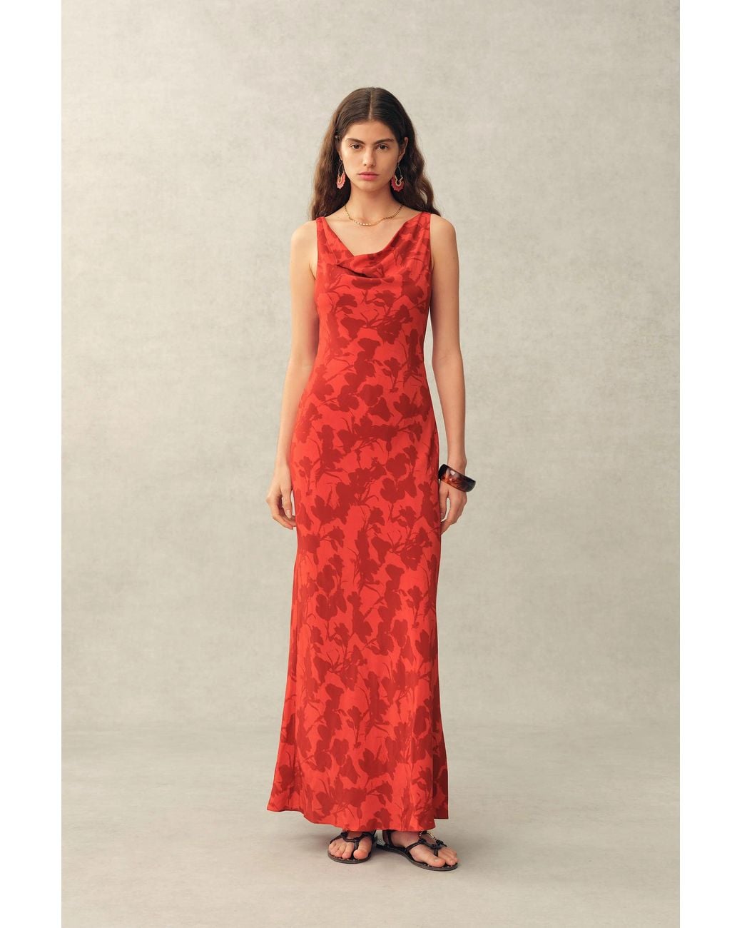 Fabrique Red Elodie Rose Cowl Neck Sleeveless Dress