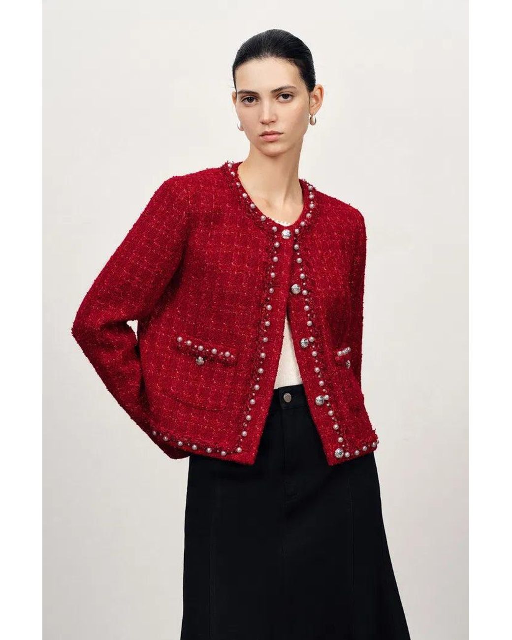 Fabrique Red Seraphina Pearl Beaded Trims Boxy Jacket