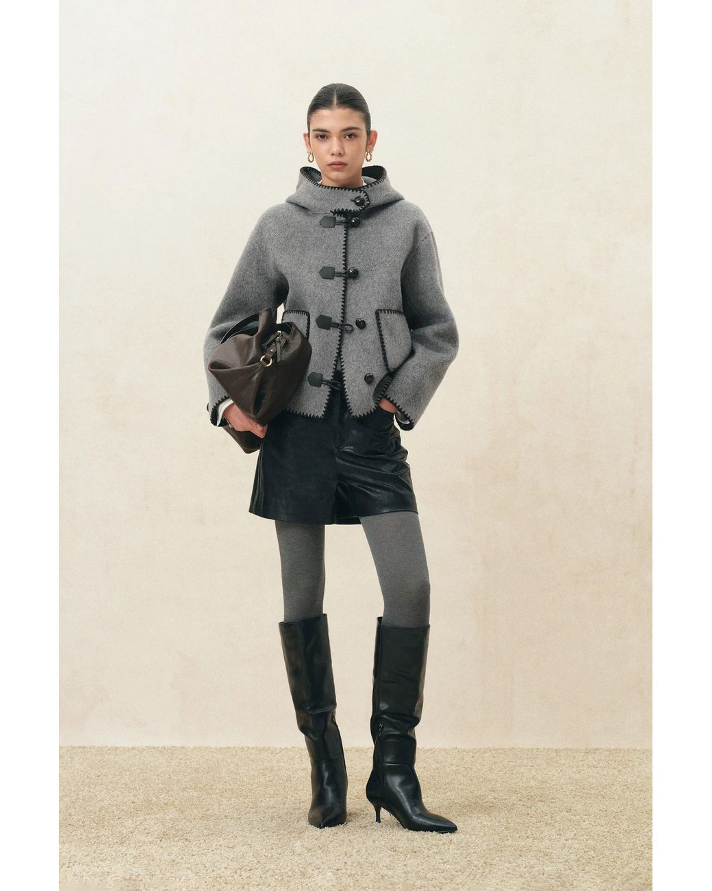Fabrique Gray Carina Embroidered Hooded Cropped Coat