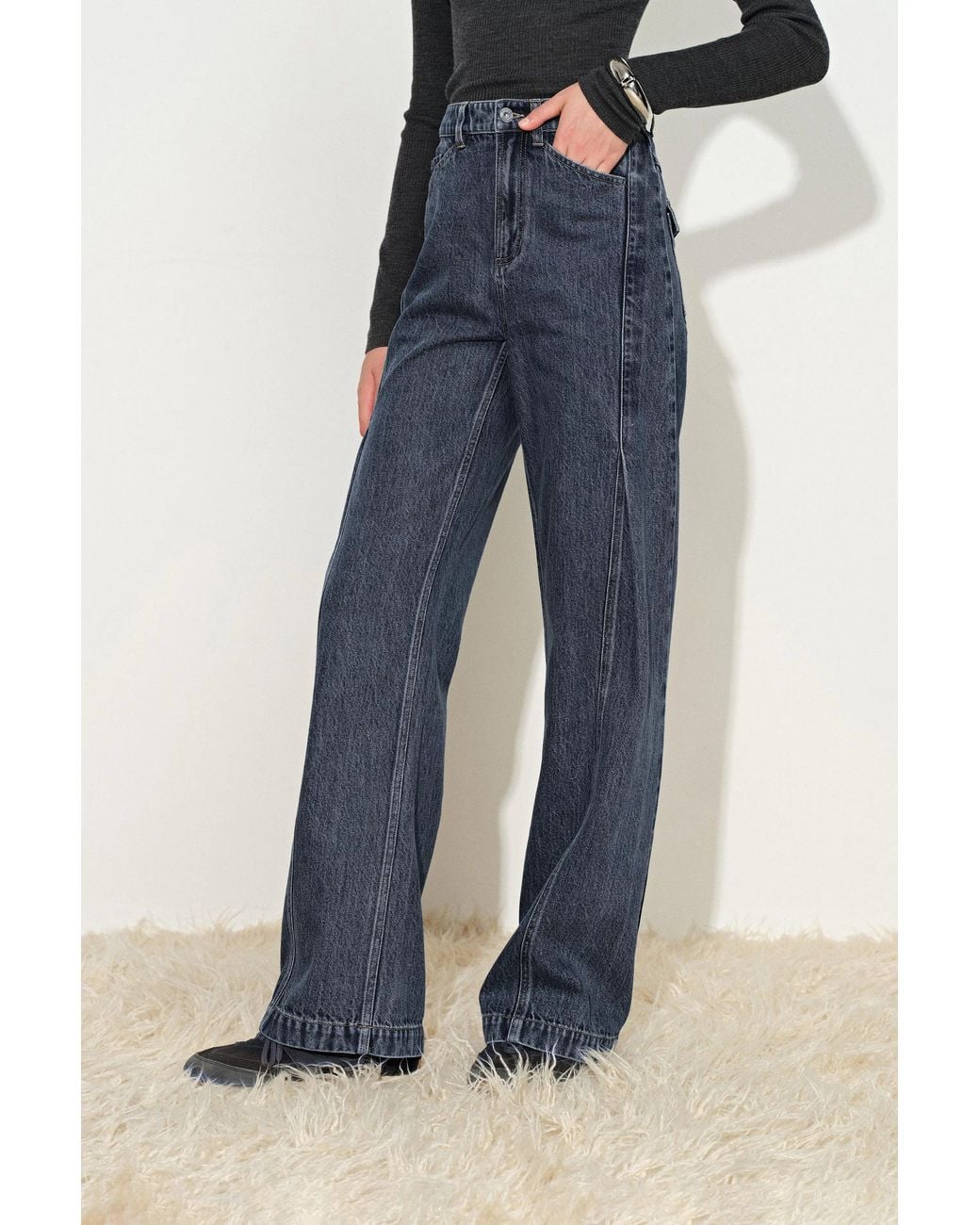 Fabrique Blue Avery Pleated Deconstructed Straight Leg Jeans