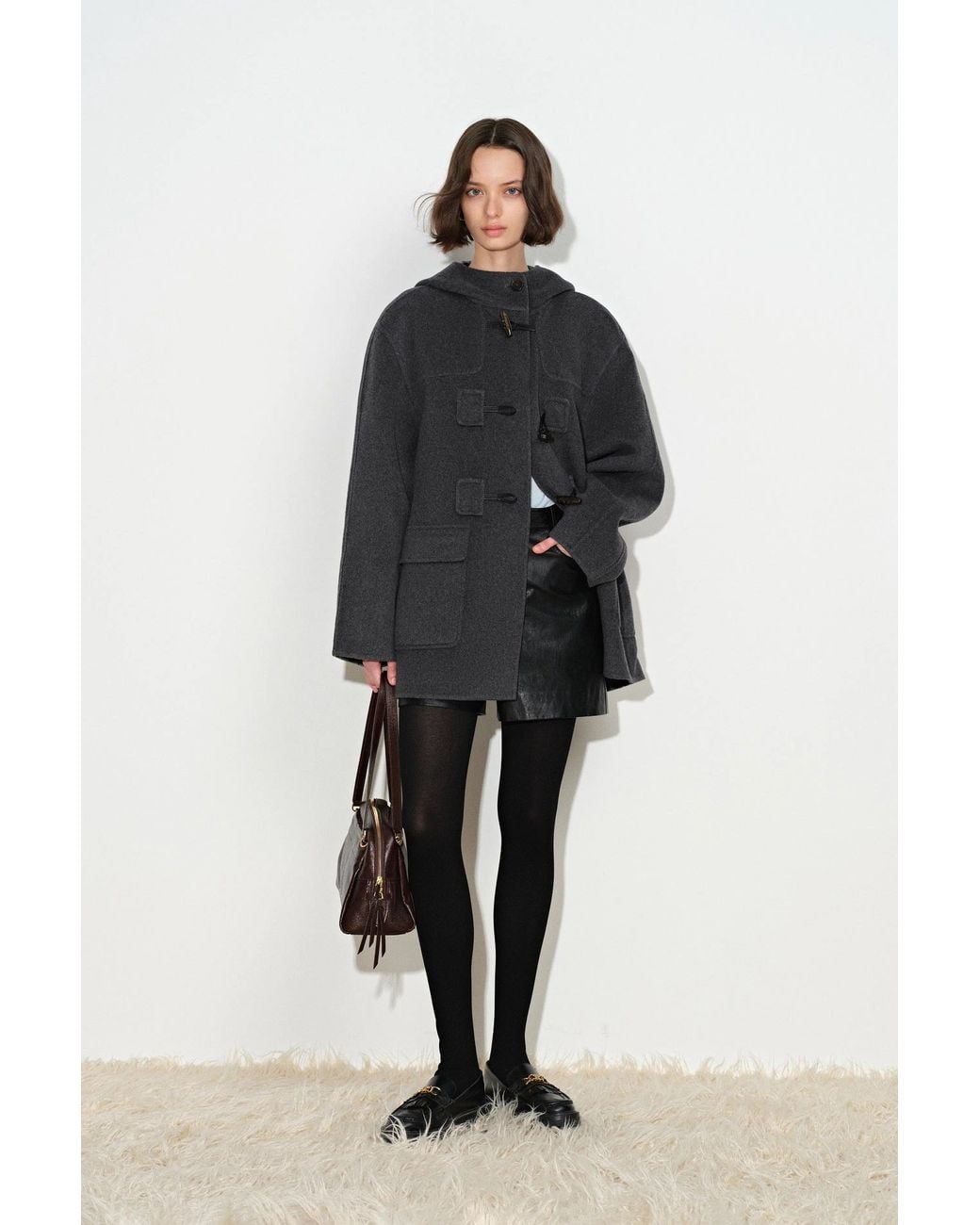 Fabrique Black Aeliana Plaid Hooded Midi Coat