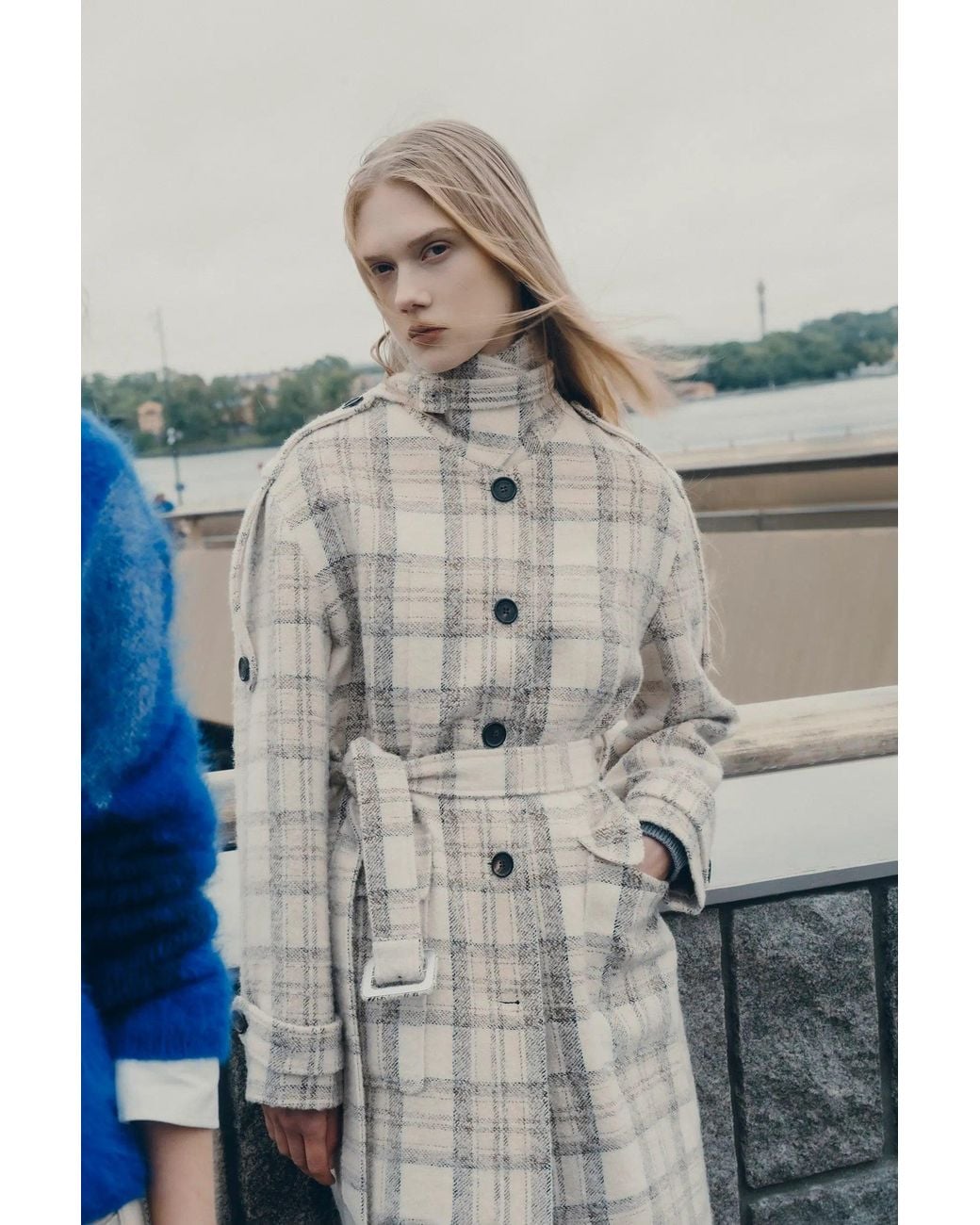 Fabrique Multicolor Fleur Textured Plaid Belted Long Coat