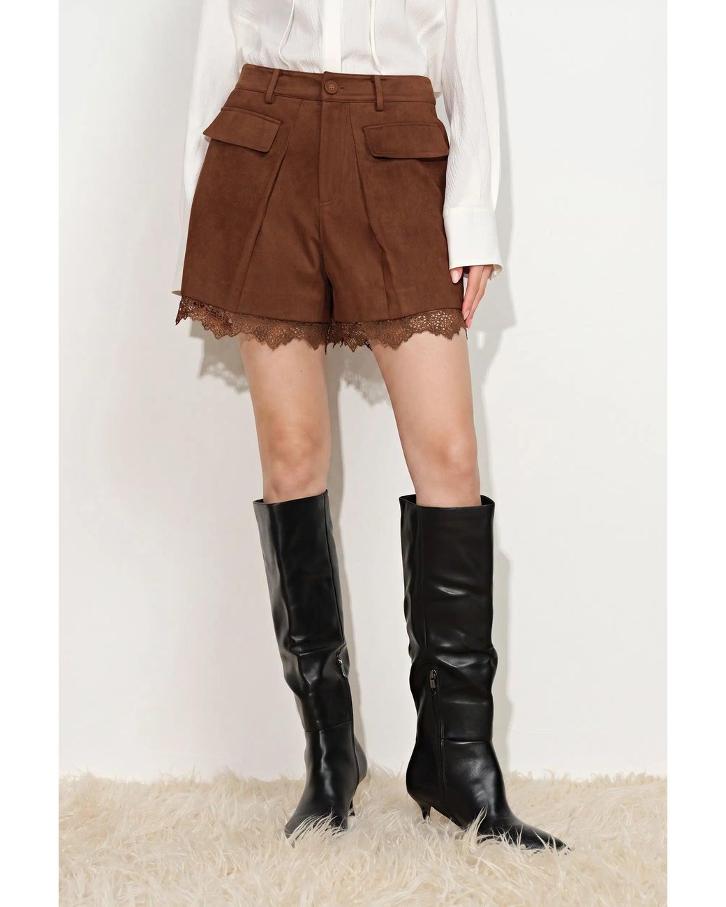 Fabrique Black Hazel Lace Panel Belted Shorts