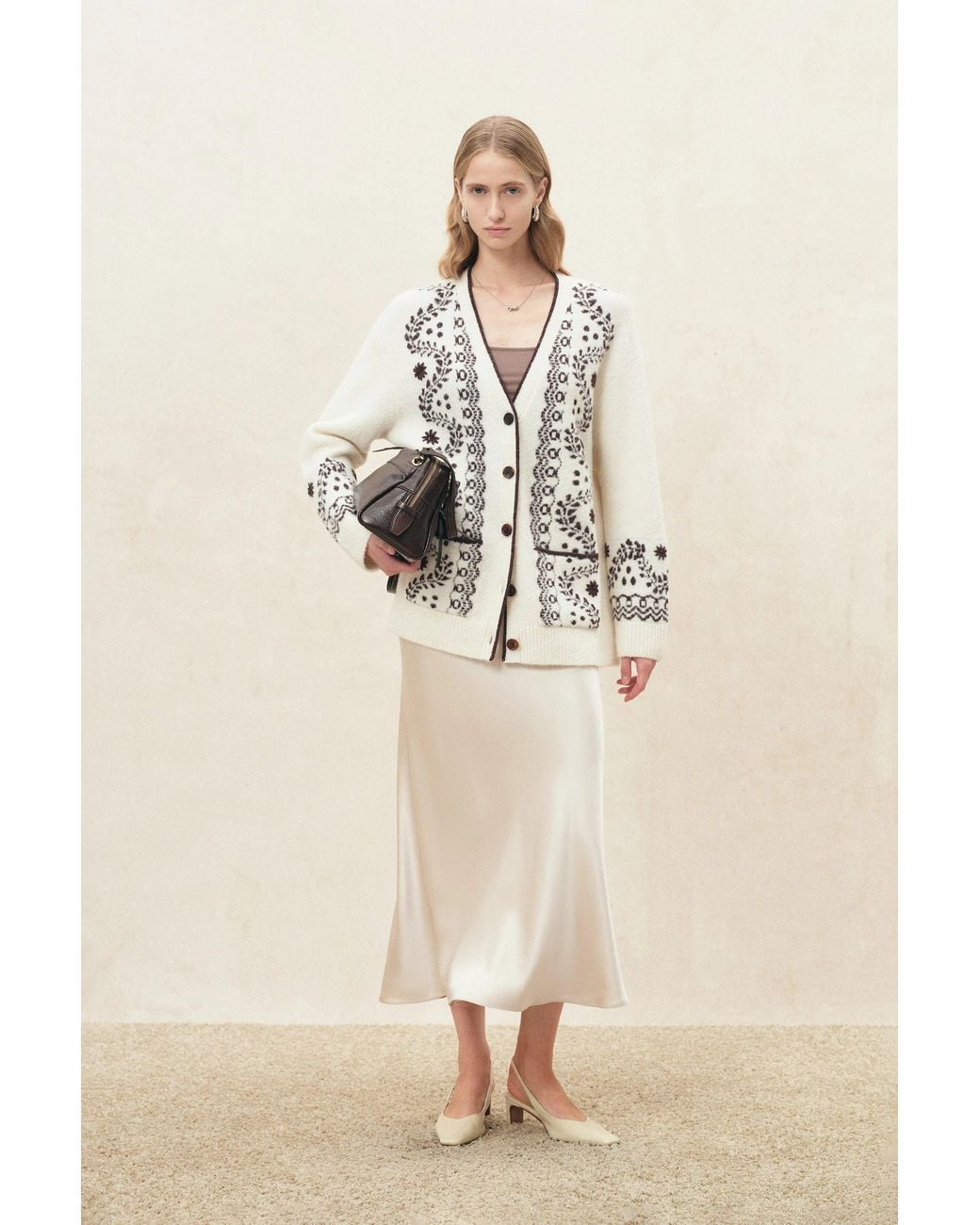 Fabrique White Alder Hand Embroidery Vine Jacquard Cardigan