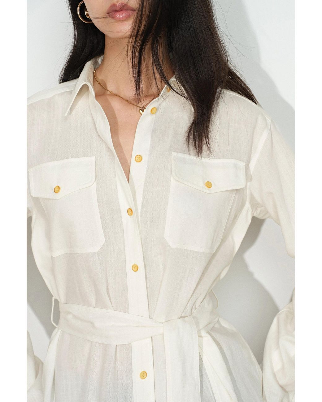 Fabrique Blue Faye Belted Roll Tab Sleeves Safari Blouse