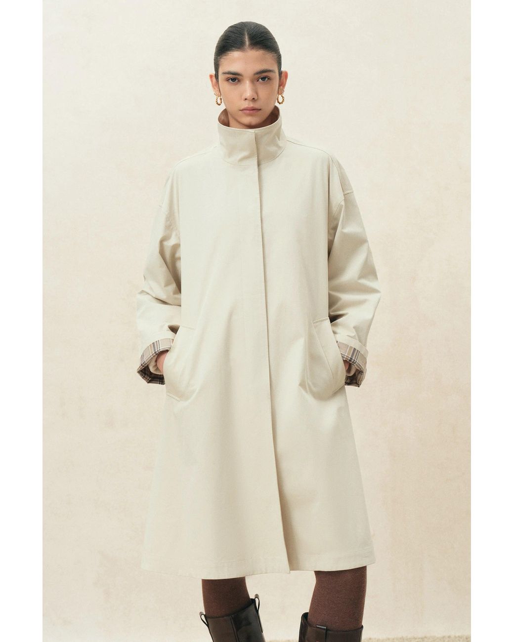 Fabrique Natural Melody Plaid Accent Trench Coat