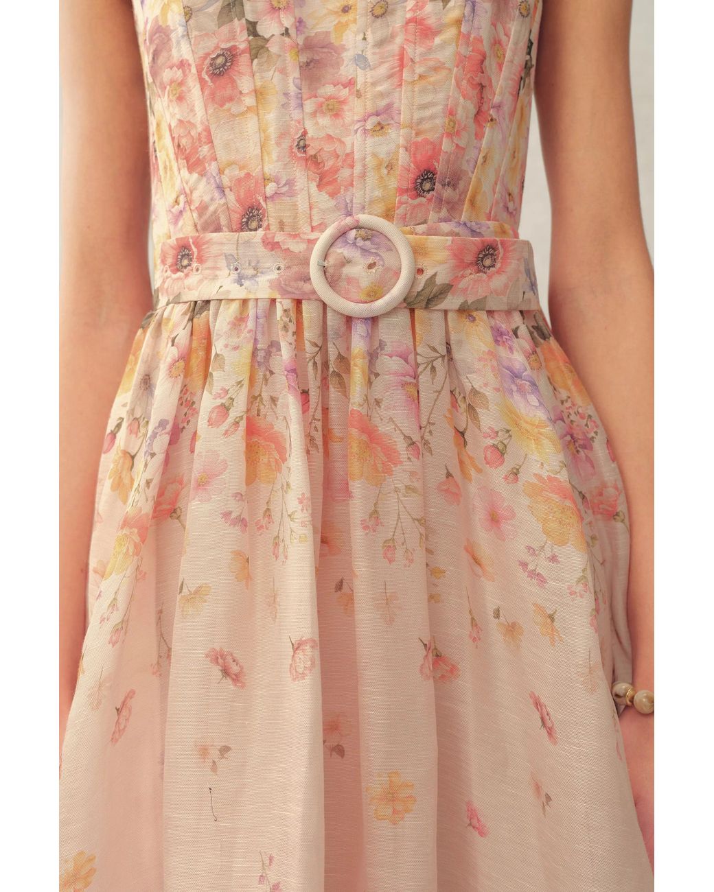 Fabrique Green Lilac Handpainted Floral Smocked Belted Strap Dress