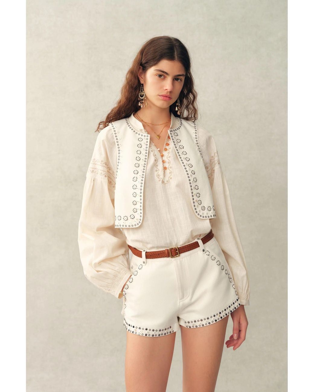 Fabrique Brown Charlie Boho Mother Of Pearl Studded Side Tassel Tie Vest Top And Shorts Set