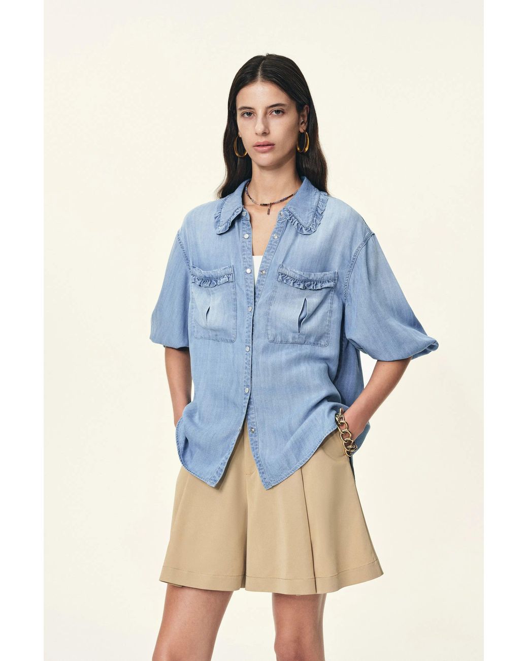 Fabrique Blue Judy Ruffle Trim Puff Sleeve Shirt