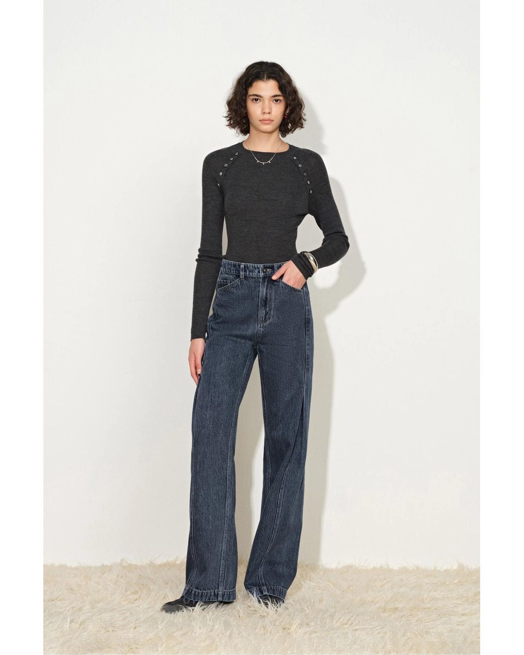Fabrique Blue Avery Pleated Deconstructed Straight Leg Jeans