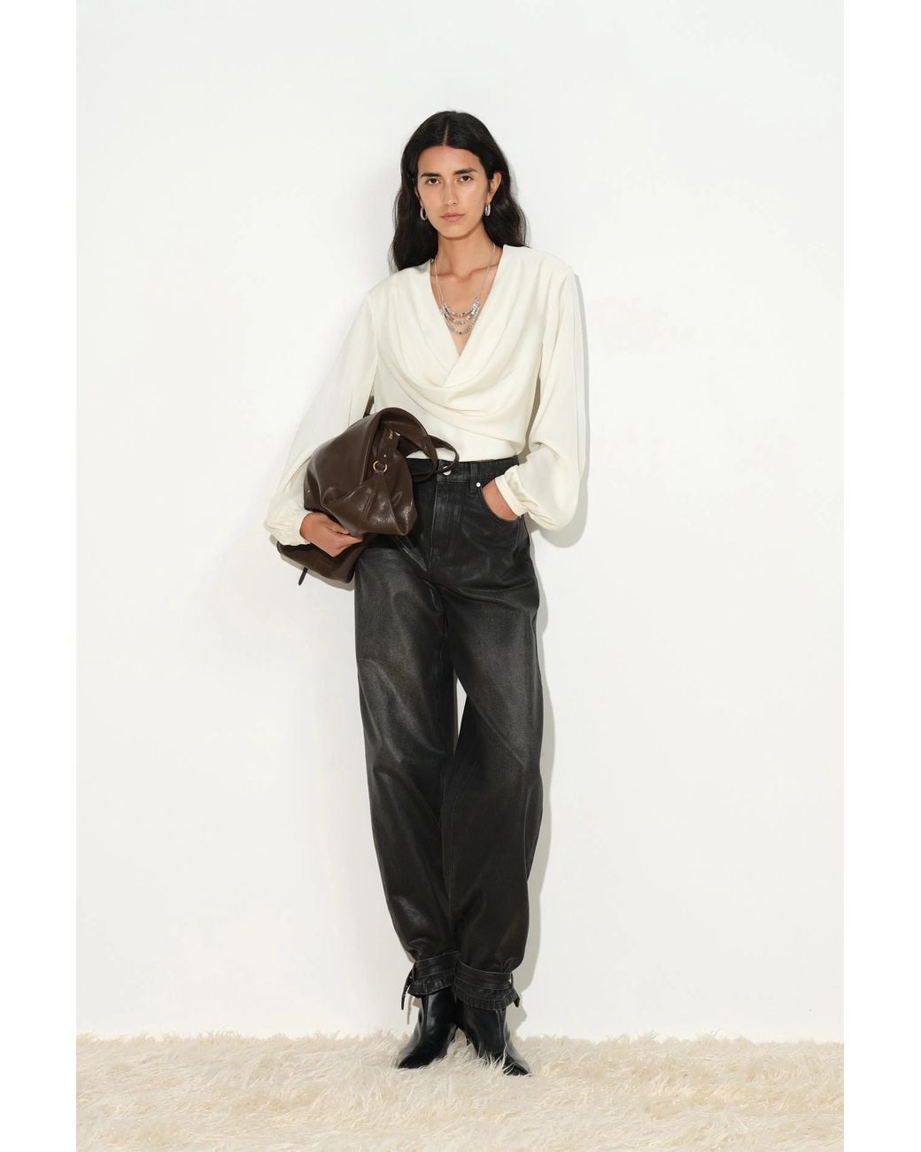 Fabrique Metallic Madrid Draped Shoulder Pad Blouse