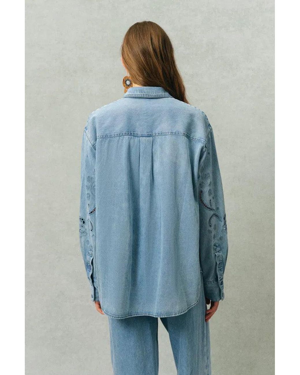 Fabrique Blue Vinetta Curved Button Placket Floral Embroidered Shirt