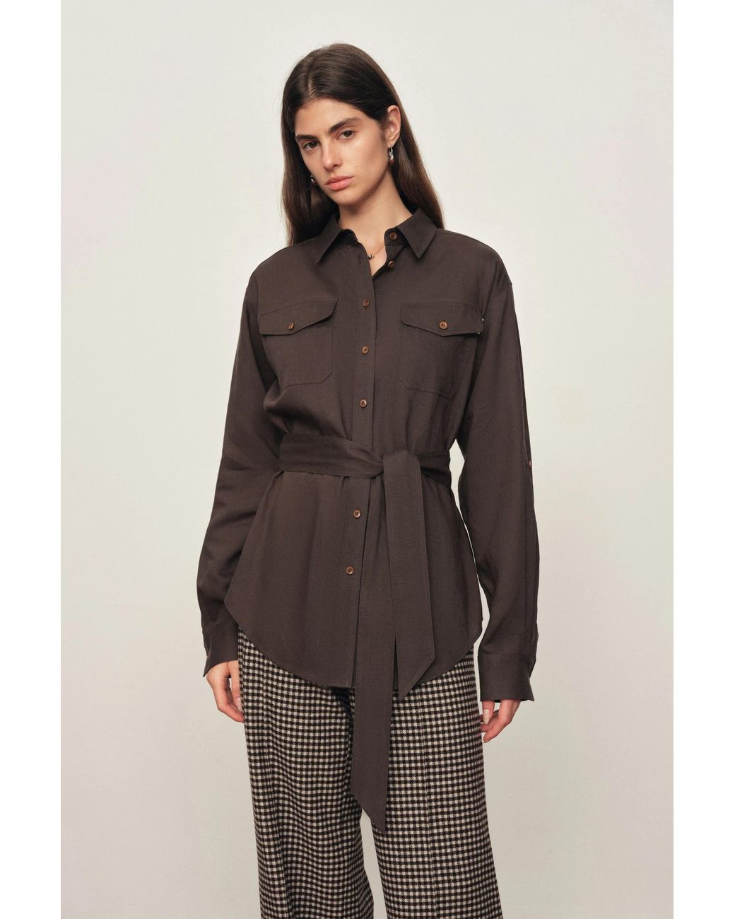 Fabrique Black Faye Belted Roll Tab Sleeves Safari Blouse