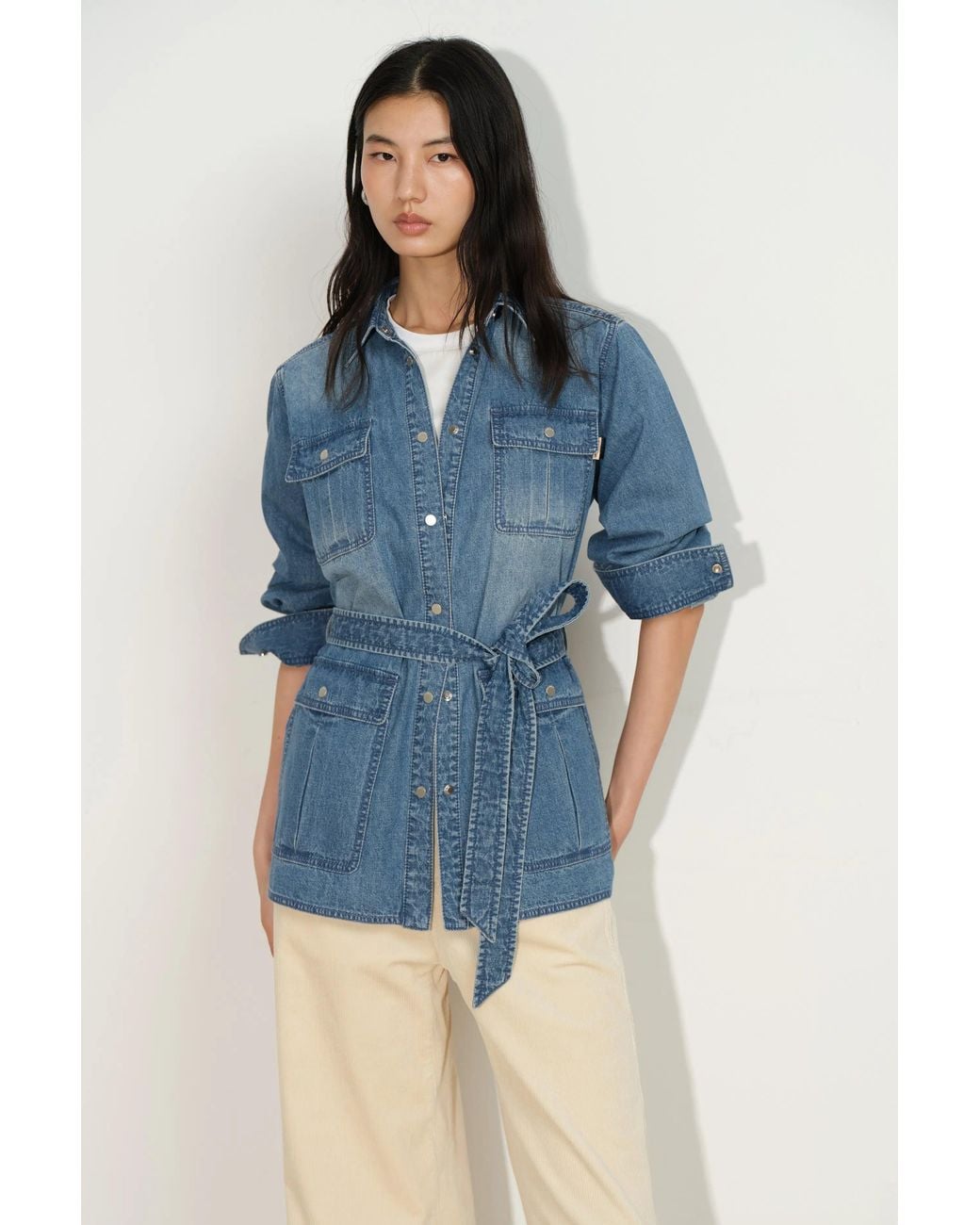 Fabrique Blue Iris Belted Safari Shirt Jacket