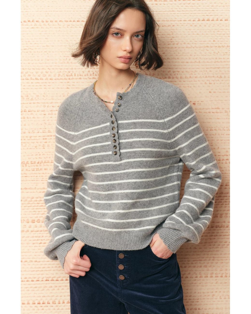 Fabrique Blue Rhea Striped Henley Sweater